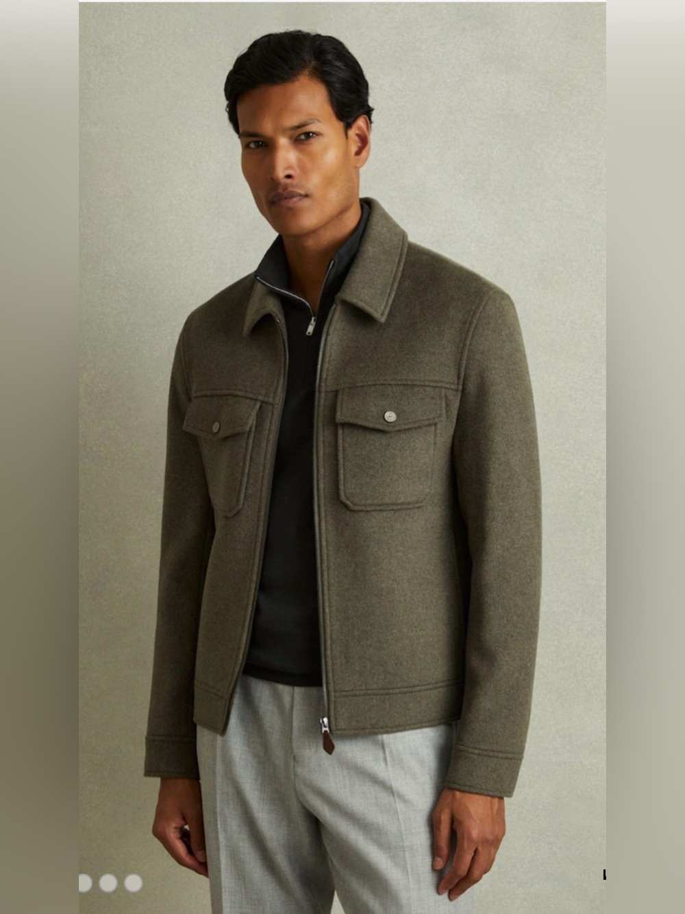 REISS Peridoe Wool Zip Through Trucker Jacket Green Smoke Size S